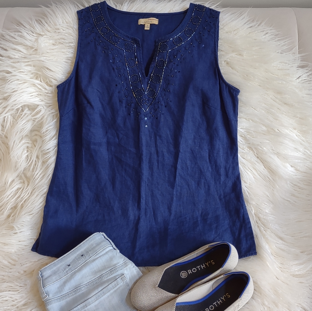 Choices 100% Linen Top Blue Beaded Sleeveless V-Neck Tank Blouse Size Small